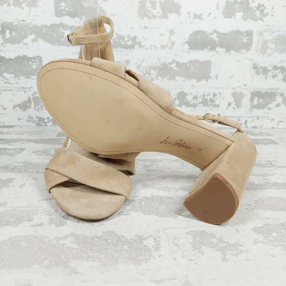 New Sam Edelman Yancy Beige Faux Suede Ankle Strap Heeled Sandals X255 - Picture 9 of 12